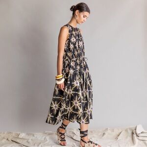 Psophia Ikat Starburst Print Midi Dress Cotton Voile Sleeveless Tiered Luxury S